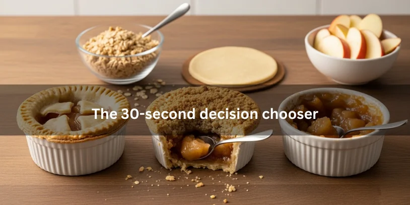 Three single-serving apple desserts—double-crust pie, crumble-topped pie, and crustless baked apples—arranged side by side to compare texture and style.-apple pie for one 