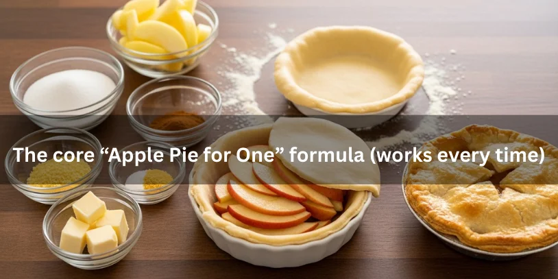 Measured ingredients and step-by-step assembly of a single-serving apple pie, with a baked golden mini pie showing flaky crust and bubbling apple filling.-apple pie for one 