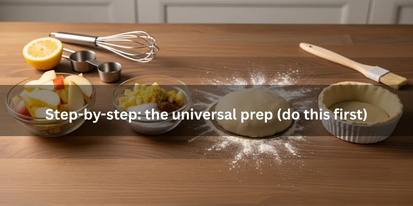 Step-by-step prep for single-serving apple pie showing sliced apples with lemon, mixed spices and sugar, pie dough round, and prepared ramekin ready for baking.-apple pie for one 