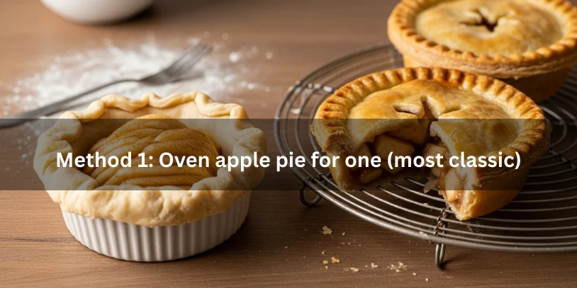 Single-serving apple pie baked in a ramekin with golden flaky crust and bubbling cinnamon apple filling, partially sliced to show tender interior.-apple pie for one 