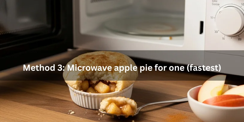 Single-serving microwave apple pie in a mug with soft top and tender cinnamon apple filling, shown beside an open microwave.-apple pie for one 
