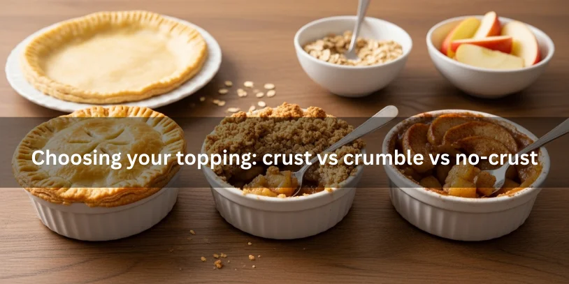 Three mini apple pies showing topping options: flaky crust, oat crumble, and no crust with exposed apple filling, each partially scooped to reveal texture differences.-apple pie for one 