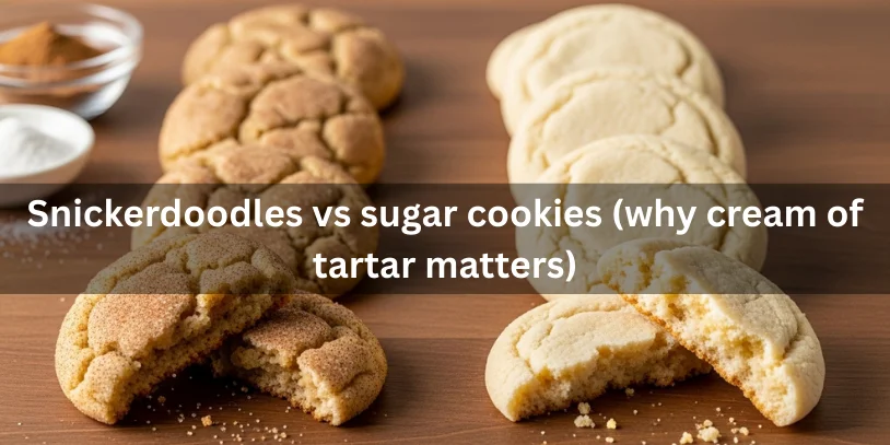 Apple Snickerdoodle Cookies: Soft, Chewy “Appledoodles” With Moisture-Proof Tips, Variations, and Buying Guide Snickerdoodles with cinnamon-sugar crackled tops beside smooth sugar cookies, both sliced to show texture differences and a small dish of cream of tartar nearby.-apple snickerdoodle cookies