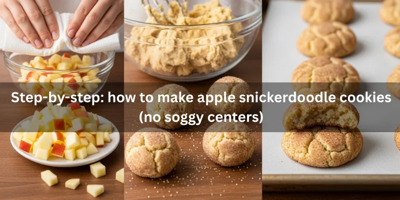 Apple Snickerdoodle Cookies: Soft, Chewy “Appledoodles” With Moisture-Proof Tips, Variations, and Buying Guide Step-by-step visual of drying diced apples, mixing dough, rolling in cinnamon sugar, baking, and showing a fully set soft apple snickerdoodle cookie interior.-apple snickerdoodle cookies