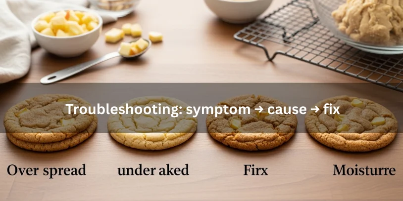 Apple Snickerdoodle Cookies: Soft, Chewy “Appledoodles” With Moisture-Proof Tips, Variations, and Buying Guide Apple snickerdoodle cookies showing flat, underbaked, and dry problems beside a perfectly baked cookie, arranged to illustrate troubleshooting differences.-apple snickerdoodle cookies