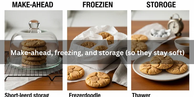 Apple Snickerdoodle Cookies: Soft, Chewy “Appledoodles” With Moisture-Proof Tips, Variations, and Buying Guide Apple snickerdoodle cookies stacked under a cake dome, wrapped for freezing, and thawed on a plate, showing storage methods to maintain softness.-apple snickerdoodle cookies