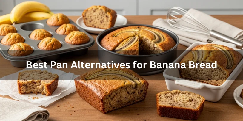 Banana bread baked in muffin tins, round cake pans, square pans, and baking dishes as alternatives to a loaf pan.-banana bread without a loaf pan 