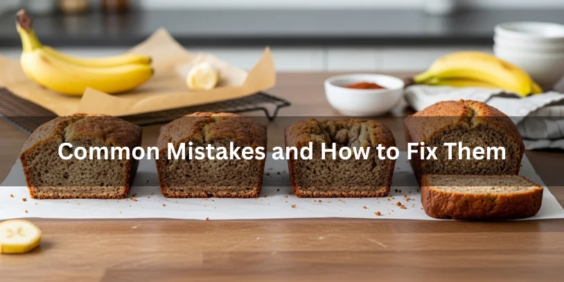 Banana bread baking mistakes and fixes shown side by side, including underbaked centers, dry slices, sunken bread, and a perfect moist crumb.-banana bread without a loaf pan 