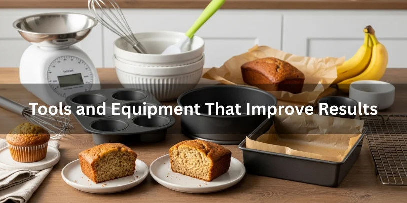 Baking tools and equipment for banana bread without a loaf pan, including muffin tins, cake pans, parchment paper, cooling rack, and moist banana bread slices.-banana bread without a loaf pan 
