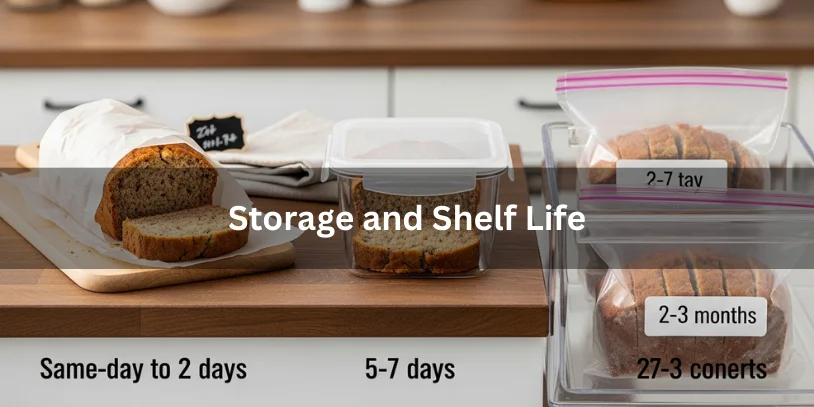 Banana bread shown wrapped for room-temperature storage, in an airtight fridge container, and sealed for the freezer, illustrating shelf-life options.-banana bread without a loaf pan