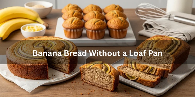 Banana bread baked without a loaf pan, shown as muffins, round cake slices, and square pan pieces with a moist interior.-banana bread without a loaf pan