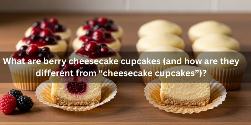 Side-by-side berry cheesecake cupcakes with fruit swirl/topping and plain cheesecake cupcakes without fruit, both cut open to show the difference in filling and texture.-berry cheesecake cupcakes 