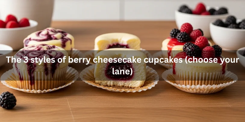 Three berry cheesecake cupcake styles shown side-by-side: berry swirl, berry-filled center (cut open), and berry-topped with glossy compote and fresh berries.

Bakery-style berry cheesecake cupcakes (no water bath)

Image Prompt:
A warm, realistic editorial food photography image of bakery-style berry cheesecake cupcakes (no water bath). Show tall, smooth, creamy cheesecake cupcakes in paper liners with clean edges and a slightly domed top, topped with a glossy mixed-berry compote and a few fresh berries. Include one cupcake cut open to reveal a dense, creamy cheesecake center (no cracks, no sinking). Add subtle “no water bath” cues through simple props: a standard muffin tin, parchment cupcake liners, and a normal oven tray in the softly blurred background (no special bath setup). Place everything on a wooden countertop with soft natural daylight, warm tones, shallow depth of field, ultra-detailed focus on creamy texture and berry glaze shine. Clean, minimal kitchen background. No people, no hands, no text, no labels, no brands. 16:9 aspect ratio.

Alt Text:
Bakery-style berry cheesecake cupcakes with smooth creamy tops and glossy berry compote, with one cupcake cut open to show a dense cheesecake center, styled in a simple kitchen setting.

Berry moisture management (the difference between “okay” and bakery-level)

Image Prompt:
A warm, realistic editorial food photography image showing berry moisture management for berry cheesecake cupcakes—the difference between “okay” and bakery-level—using only visual cues (no text). On a wooden countertop, place two berry cheesecake cupcakes side-by-side: one bakery-level with a thick glossy berry topping that stays neatly on top, smooth cheesecake surface, and clean liner; the other just okay with a slightly watery berry topping that has seeped a little and looks thinner. Add subtle moisture-control cues nearby: a small bowl of berries resting in a fine mesh strainer over a bowl (draining cue), a small saucepan or bowl of thicker berry compote, a tiny bowl of cornstarch, and a paper towel-lined plate with a few berries (blotting cue). Include one cupcake cut open to show a clean cheesecake texture with a tidy berry layer. Soft natural daylight, warm tones, shallow depth of field, ultra-detailed focus on cheesecake creaminess and berry glaze thickness. Clean, minimal kitchen background. No people, no hands, no text, no labels, no brands. 16:9 aspect ratio.

Alt Text:
Berry cheesecake cupcakes styled to show thick, glossy topping versus watery topping, with visual cues like drained berries in a strainer, thicker compote, and cornstarch to highlight moisture control.

Troubleshooting (problem → cause → fix)

Image Prompt:
A warm, realistic editorial food photography image illustrating a troubleshooting layout (problem → cause → fix) for berry cheesecake cupcakes, using only visual cues (no text). On a wooden countertop, arrange a neat grid of small mini-scenes:

Cracked top cupcake beside a cue of gentler baking (oven tray + slightly lower-looking doneness) and a smooth “fixed” cupcake.

Soggy liner / weepy berries cupcake beside drained berries in a fine mesh strainer, a thicker berry compote bowl, and a small bowl of cornstarch (moisture fix cue).

Sunken center cupcake beside a cooling rack (slow cool cue) and a properly set cupcake.

Grainy batter cue shown by a bowl with slightly lumpy cream cheese mixture beside a smoother creamy bowl (mixing/temperature cue).
Include one perfect “goal” cupcake with a smooth top and glossy berry topping for reference. Soft natural daylight, warm tones, shallow depth of field, ultra-detailed focus on creamy texture, berry glaze shine, and crumb. Clean, minimal kitchen background. No people, no hands, no text, no labels, no brands. 16:9 aspect ratio.

Alt Text:
Grid-style photo showing common berry cheesecake cupcake issues like cracks, soggy liners, sunken centers, and grainy batter with visual fix cues such as drained berries, thicker compote, cornstarch, and proper cooling.

Make-ahead, storage, freezing, and transport (event-proof guide)

Image Prompt:
A warm, realistic editorial food photography image showing an event-proof guide for make-ahead, storage, freezing, and transport of berry cheesecake cupcakes, using only visual cues (no text). On a wooden countertop, feature a set of berry cheesecake cupcakes with smooth tops and glossy berry compote. Nearby, show: cupcakes cooling on a rack (make-ahead cue), cupcakes stored in an airtight container in the fridge with parchment between layers (storage cue), a freezer-safe container wrapped in foil with a light frosty look (freezing cue), and a clean cupcake carrier or plain unbranded box with cupcakes secured inside (transport cue). Add subtle props like extra paper liners, a small ice-pack pouch, and a spoon of thick berry compote to suggest keeping toppings neat. Soft natural daylight, warm tones, shallow depth of field, ultra-detailed focus on creamy texture and berry glaze shine. Clean, minimal kitchen background. No people, no hands, no text, no labels, no brands. 16:9 aspect ratio.

Alt Text:
Berry cheesecake cupcakes shown with visual cues for cooling, storing in an airtight container, freezing in a wrapped container, and transporting in a cupcake carrier for events.

Variations that rank (and actually work)

Image Prompt:
A warm, realistic editorial food photography image showcasing berry cheesecake cupcake variations that actually work, arranged as a clean assortment on a wooden countertop (no text). Include one “classic” berry cheesecake cupcake with glossy mixed-berry topping, plus several variation styles in matching liners: strawberry swirl, blueberry topping, raspberry-filled center (one cut open to show the filling), a chocolate-berry version with chocolate drizzle, and a lemon-berry version with a hint of lemon zest and lighter topping. Add small bowls of berries, berry compote, lemon zest, and chocolate chunks nearby for ingredient context. Soft natural daylight, warm tones, shallow depth of field, ultra-detailed focus on creamy cheesecake texture and berry glaze shine. Clean, minimal kitchen background. No people, no hands, no text, no labels, no brands. 16:9 aspect ratio.

Alt Text:
Assortment of berry cheesecake cupcake variations including strawberry swirl, blueberry topping, raspberry-filled center, chocolate-berry, and lemon-berry styles with glossy compote and creamy cheesecake texture.

Bake vs buy (near me): a practical decision framework

Image Prompt:
A warm, realistic food photo showing a practical “Bake vs Buy (near me)” decision for berry cheesecake cupcakes, using only visual cues (no text). Set up two clear sides on a wooden countertop:
Bake: homemade berry cheesecake cupcakes in paper liners with a smooth creamy top and glossy berry compote, alongside mixing bowl, whisk, cream cheese block, fresh berries, and a muffin tin on an oven tray.
Buy: bakery-style berry cheesecake cupcakes in a plain unbranded pastry box or cupcake carrier (no labels), with a simple blank receipt-like slip nearby.
For the “near me” guidance, place a phone off to the side showing a blurred map with pins (no readable text) and a softly blurred background hint of a bakery counter/storefront (no signage). Soft natural daylight, warm tones, shallow depth of field, sharp focus on creamy texture and berry glaze shine. No people, no hands, no text, no labels, no brands. 16:9 aspect ratio.

Alt Text:
Side-by-side scene of baking berry cheesecake cupcakes at home versus buying bakery cupcakes in unbranded packaging, with a blurred map on a phone suggesting a “near me” search.-berry cheesecake cupcakes 