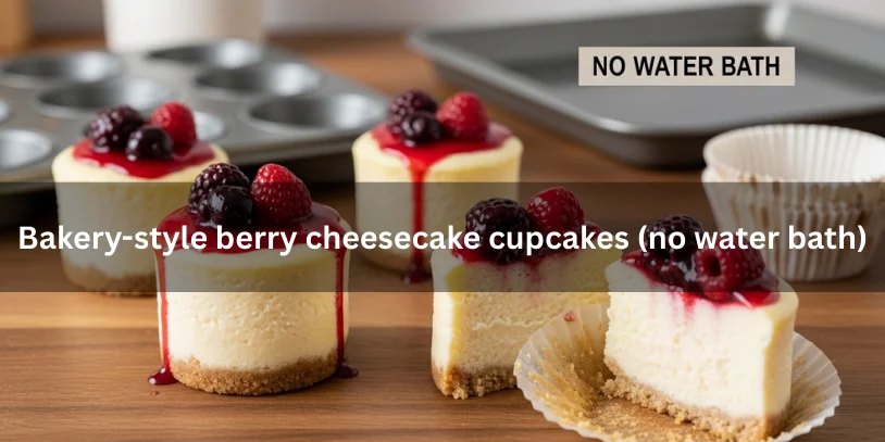 Bakery-style berry cheesecake cupcakes with smooth creamy tops and glossy berry compote, with one cupcake cut open to show a dense cheesecake center, styled in a simple kitchen setting.-berry cheesecake cupcakes 