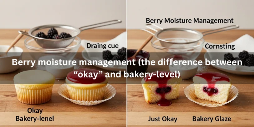 Berry cheesecake cupcakes styled to show thick, glossy topping versus watery topping, with visual cues like drained berries in a strainer, thicker compote, and cornstarch to highlight moisture control.-berry cheesecake cupcakes 