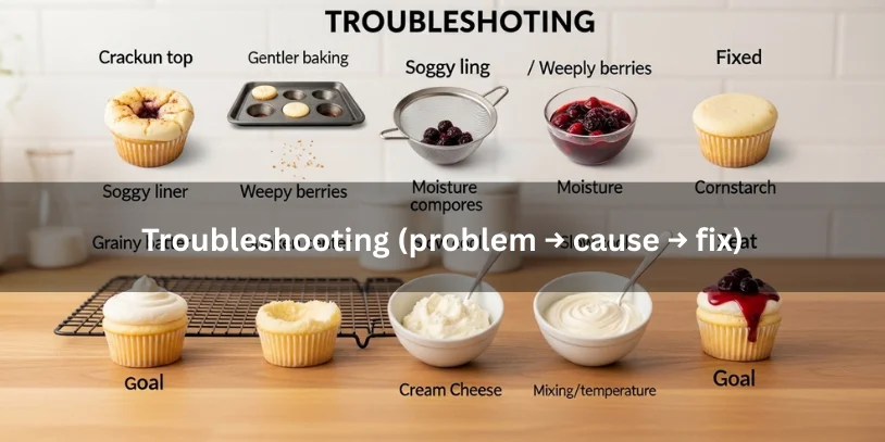 Grid-style photo showing common berry cheesecake cupcake issues like cracks, soggy liners, sunken centers, and grainy batter with visual fix cues such as drained berries, thicker compote, cornstarch, and proper cooling.-berry cheesecake cupcakes 