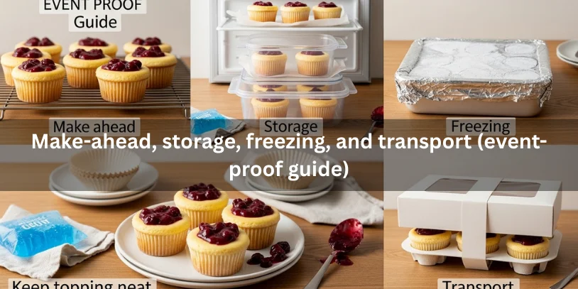 Berry cheesecake cupcakes shown with visual cues for cooling, storing in an airtight container, freezing in a wrapped container, and transporting in a cupcake carrier for events.-berry cheesecake cupcakes