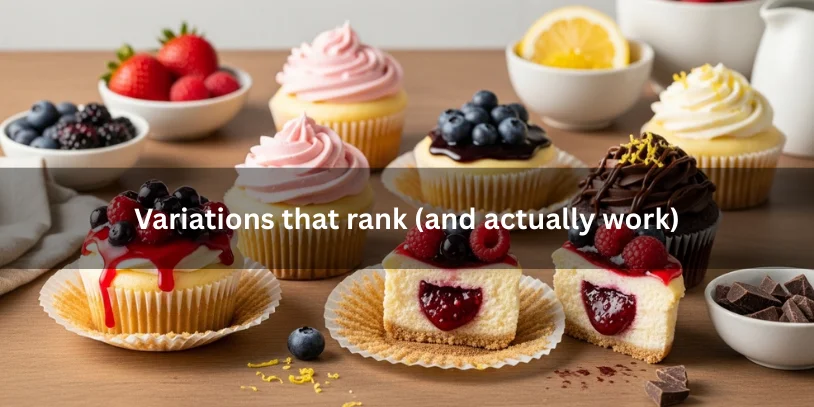 Assortment of berry cheesecake cupcake variations including strawberry swirl, blueberry topping, raspberry-filled center, chocolate-berry, and lemon-berry styles with glossy compote and creamy cheesecake texture.-berry cheesecake cupcakes