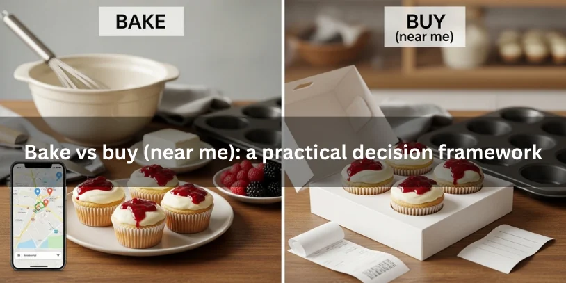 Side-by-side scene of baking berry cheesecake cupcakes at home versus buying bakery cupcakes in unbranded packaging, with a blurred map on a phone suggesting a “near me” search.-berry cheesecake cupcakes 