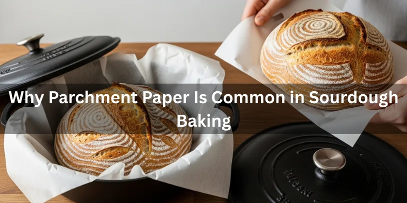Sourdough loaf resting on parchment paper inside a Dutch oven, showing how parchment helps with lifting and prevents sticking.-can i bake sourdough without parchment paper 