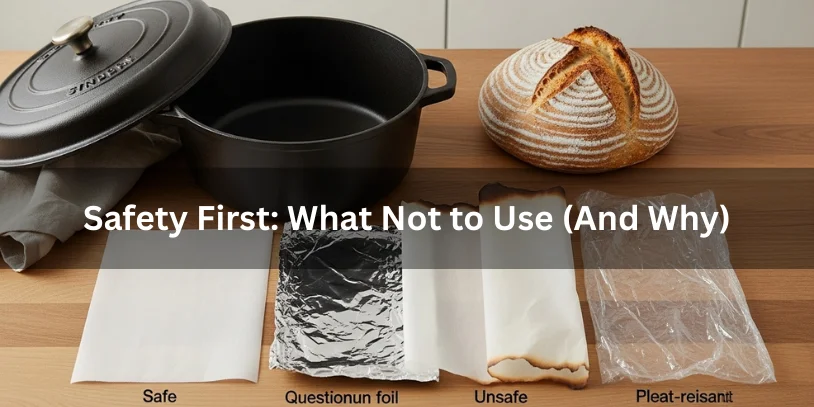 Dutch oven with parchment paper alongside wax paper, foil, and plastic wrap, illustrating safe and unsafe materials for sourdough baking.-can i bake sourdough without parchment paper 