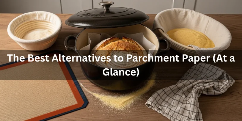 Sourdough baked in a Dutch oven with alternatives to parchment paper including cornmeal, silicone baking mat, and floured towel for dough transfer..-can i bake sourdough without parchment paper