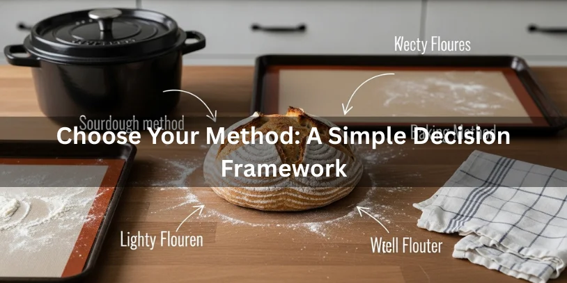 Sourdough boule in the center with surrounding props representing different baking methods, visually illustrating a decision framework for choosing a method.-can i bake sourdough without parchment paper 