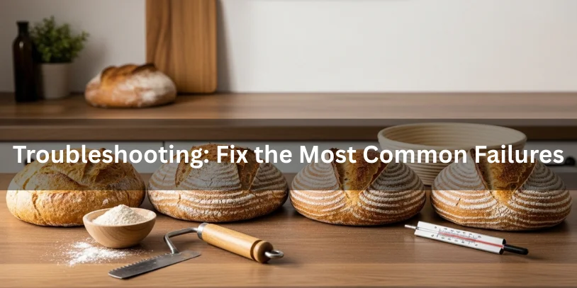 Side-by-side comparison of sourdough loaves showing common baking failures such as collapsed centers, uneven scoring, and dense crumb alongside a perfectly baked loaf.-can i bake sourdough without parchment paper 