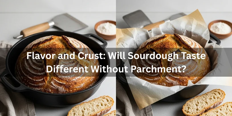 Sourdough boule baked without parchment paper alongside a parchment-baked loaf, showing differences in crust texture and golden color.-can i bake sourdough without parchment paper 