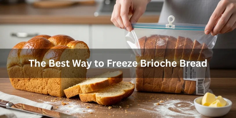Can You Freeze Brioche Bread? How to Store, Thaw, and Reheat It Without Losing Softness In 2026 Freshly baked brioche loaf with slices being placed into a labeled freezer-safe bag, showing the best way to freeze brioche bread.-can you freeze brioche bread