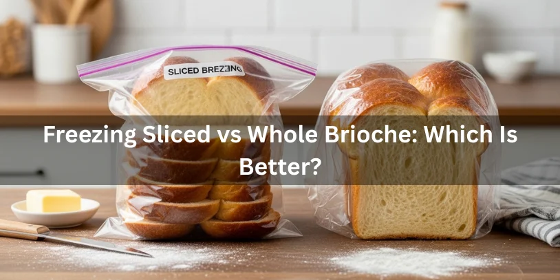 Can You Freeze Brioche Bread? How to Store, Thaw, and Reheat It Without Losing Softness In 2026 Sliced brioche in a labeled freezer-safe bag next to a whole wrapped brioche loaf, showing the comparison of freezing sliced vs whole bread.-can you freeze brioche bread