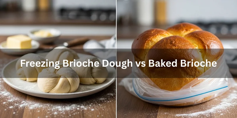 Can You Freeze Brioche Bread? How to Store, Thaw, and Reheat It Without Losing Softness In 2026 Brioche dough in a floured bowl ready for freezing next to a baked brioche loaf in a freezer-safe bag, showing the difference between freezing dough versus baked bread.-can you freeze brioche bread