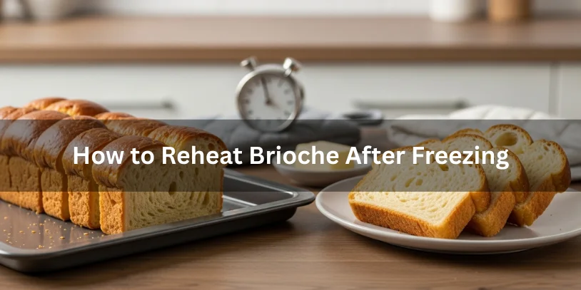 Can You Freeze Brioche Bread? How to Store, Thaw, and Reheat It Without Losing Softness In 2026 Slices of frozen brioche on a baking sheet ready for reheating with some warmed slices on a plate nearby, showing how to reheat brioche after freezing.-can you freeze brioche bread