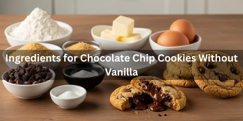 Chocolate Chip Cookie Recipe Without Vanilla Extract (Soft, Chewy & Easy Guide) In 2026 Ingredients for chocolate chip cookies without vanilla extract, including butter, sugar, flour, eggs, and chocolate chips, with baked cookies nearby.-chocolate chip cookie recipe without vanilla extract