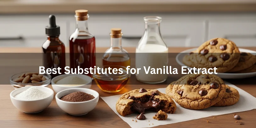 Chocolate Chip Cookie Recipe Without Vanilla Extract (Soft, Chewy & Easy Guide) In 2026 Vanilla extract substitutes for baking shown with chocolate chip cookies, including almond extract, maple syrup, and vanilla sugar.-chocolate chip cookie recipe without vanilla extract