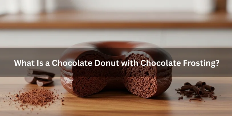 Single chocolate donut with glossy chocolate frosting, partially bitten to show moist chocolate interior, with cocoa powder and chocolate shavings nearby.chocolate donut with chocolate frosting 