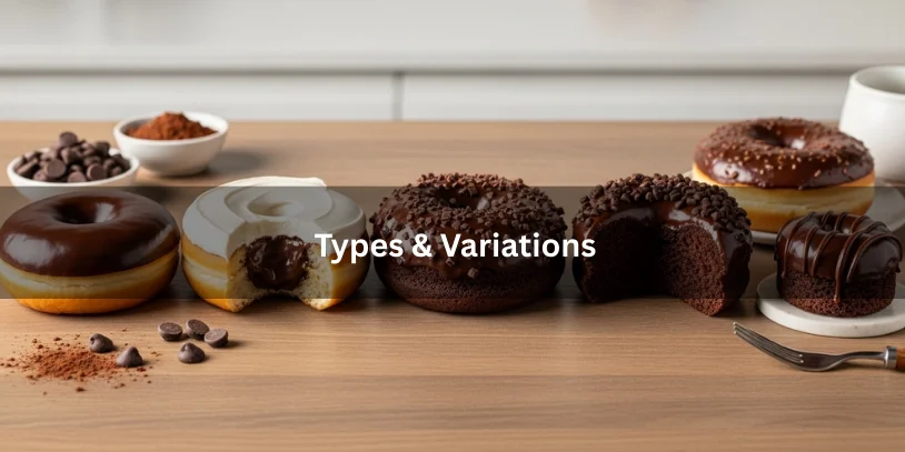 Variety of chocolate donuts with chocolate frosting including classic round, filled, sprinkled, cake-style, and mini glazed versions, some sliced to show moist interiors.-chocolate donut with chocolate frosting 
