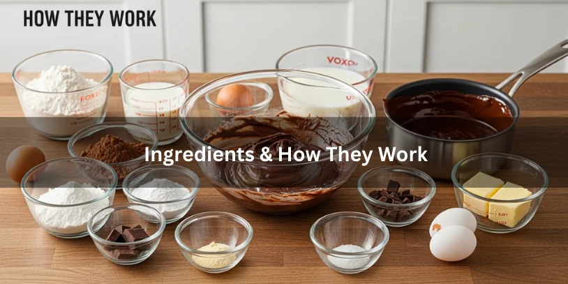 Measured ingredients for chocolate donuts with chocolate frosting, including flour, cocoa powder, sugar, eggs, butter, milk, leavening agents, and chocolate, with partially mixed batter and melted chocolate nearby.-chocolate donut with chocolate frosting 