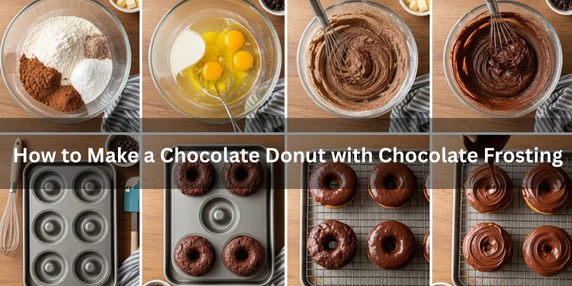 Step-by-step visual of making chocolate donuts with chocolate frosting: mixing dry and wet ingredients, portioning batter in donut pan, baked donuts cooling, and applying glossy frosting.-chocolate donut with chocolate frosting 