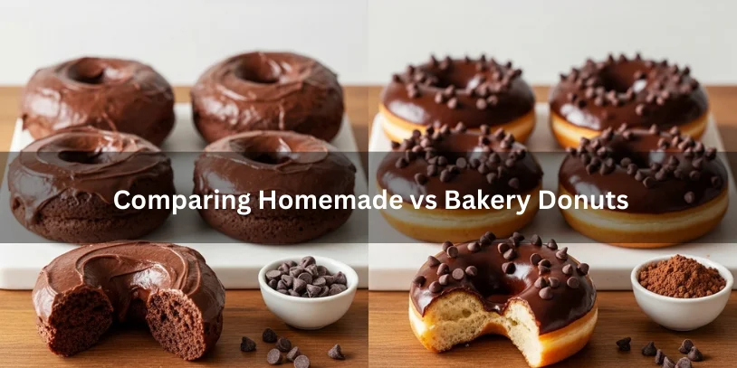 Side-by-side comparison of homemade chocolate donuts with slightly uneven frosting and bakery donuts with smooth glossy chocolate glaze, some sliced to show interior crumb differences.-chocolate donut with chocolate frosting 