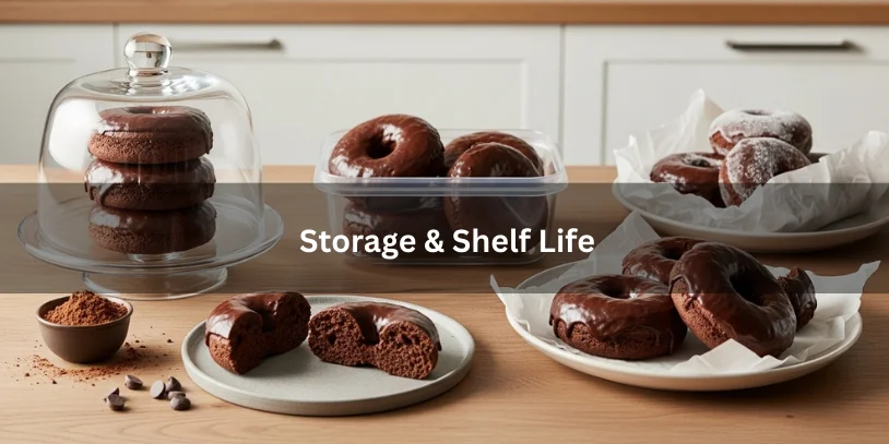 Chocolate donuts with chocolate frosting stored under a cake dome, in an airtight container, and frozen, showing methods to maintain freshness and shelf life.-chocolate donut with chocolate frosting 