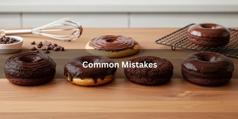 Four chocolate donuts showing common mistakes: uneven frosting, flat donut, dry crumb, and a perfectly baked donut with smooth glossy frosting for comparison.-chocolate donut with chocolate frosting 