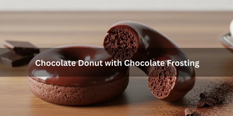 Chocolate donut with glossy chocolate frosting, one partially bitten to show moist interior, with chocolate shavings and cocoa powder nearby.-chocolate donut with chocolate frosting