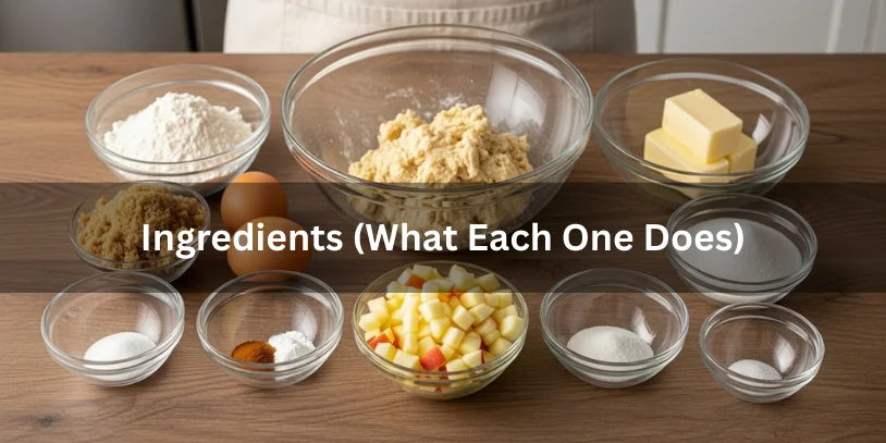 Cinnamon Apple Snickerdoodle Cookies (Soft & Chewy): Moisture-Proof Recipe, Apple Options, and Bake-or-Buy Guide Measured cookie ingredients including flour, butter, sugars, eggs, apples, and cinnamon arranged in bowls with partially mixed dough in the center.-cinnamon apple snickerdoodle cookies