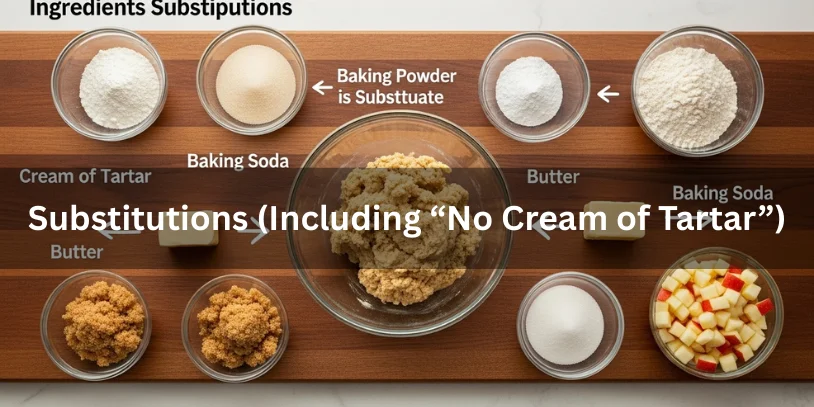 Cinnamon Apple Snickerdoodle Cookies (Soft & Chewy): Moisture-Proof Recipe, Apple Options, and Bake-or-Buy Guide Cookie ingredients and substitutions including cream of tartar and baking powder arranged in bowls with partially mixed dough for cinnamon apple snickerdoodles.-cinnamon apple snickerdoodle cookies