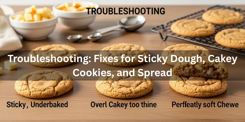 Cinnamon Apple Snickerdoodle Cookies (Soft & Chewy): Moisture-Proof Recipe, Apple Options, and Bake-or-Buy Guide Cinnamon apple snickerdoodle cookies showing sticky dough, overly cakey, and spread cookies next to a perfectly baked cookie for comparison, with diced apples and baking tools nearby.-cinnamon apple snickerdoodle cookies