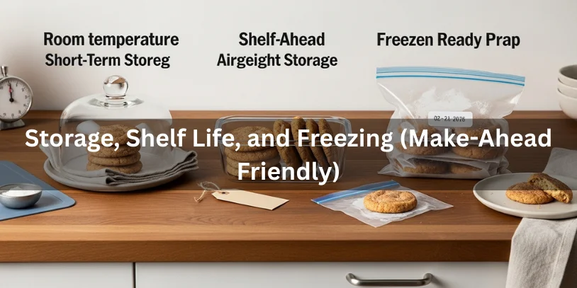 Cinnamon Apple Snickerdoodle Cookies (Soft & Chewy): Moisture-Proof Recipe, Apple Options, and Bake-or-Buy Guide Cookies shown stored under a cake dome, in an airtight container, and wrapped for the freezer with a thawing plate nearby to illustrate storage and freezing methods.-cinnamon apple snickerdoodle cookies