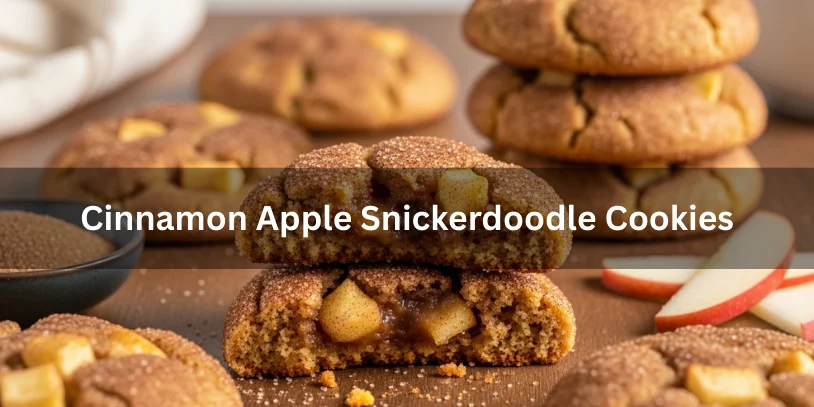 Cinnamon Apple Snickerdoodle Cookies (Soft & Chewy): Moisture-Proof Recipe, Apple Options, and Bake-or-Buy Guide Cinnamon apple snickerdoodle cookies coated in cinnamon sugar with visible apple pieces, one broken in half showing soft chewy interior.-cinnamon apple snickerdoodle cookies