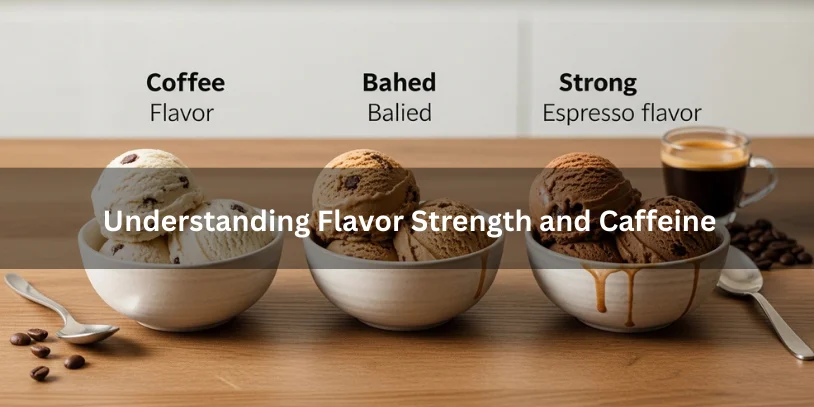 Three bowls of coffee ice cream in light, medium, and dark shades with chocolate chips, arranged to show differences in flavor strength and caffeine intensity.-coffee ice cream with chocolate chips 