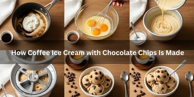 Step-by-step process of making coffee ice cream with chocolate chips, showing custard base preparation, churning, and final scooped ice cream with visible chocolate chips.-coffee ice cream with chocolate chips 